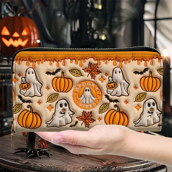 Spooky Vibe Halloween Custom Cute Orange Ghost Leather Wallet - Halloween Gift