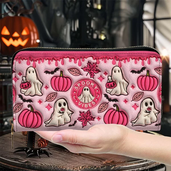 Spooky Vibe Halloween Custom Cute Pink Ghost  Leather Wallet - Halloween Gift