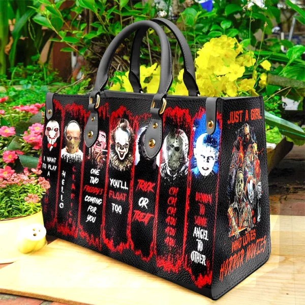 Horror Movie Characters Leather Handbag With Wallet - Just A Girl Who Loves Horror Movies Purse Handbag Set - Halloween Gift
