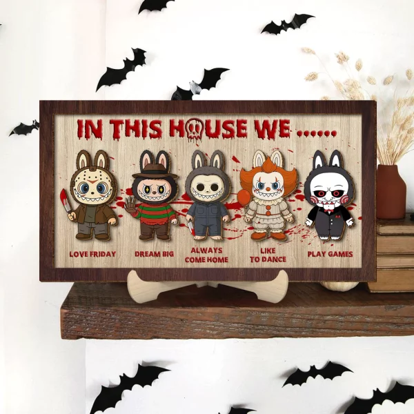 In This House We, Labubu Monster, Halloween Wood Sign, Horror Movie Characters, Halloween Decor - Image 5