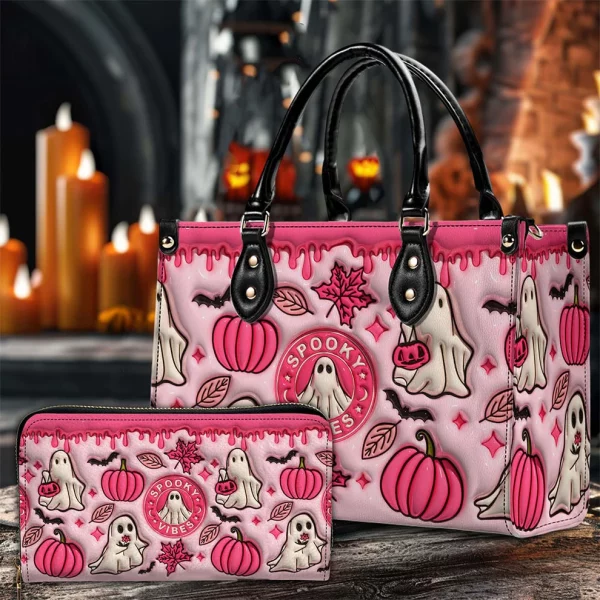 Spooky Vibe Halloween Custom Cute Pink Ghost  Leather Wallet - Halloween Gift - Image 3