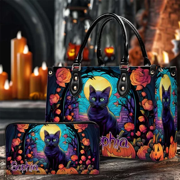 Customize Name Spooky Witchy Black Cat Vibe Halloween Purse Handbag Set - Halloween Gift - Image 3