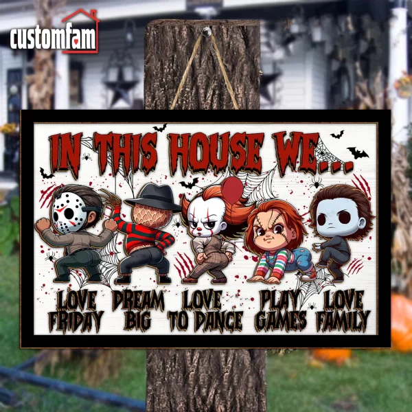 In This House We Horror Movie Characters 2 Layered Frame Wood Sign, Halloween Decor