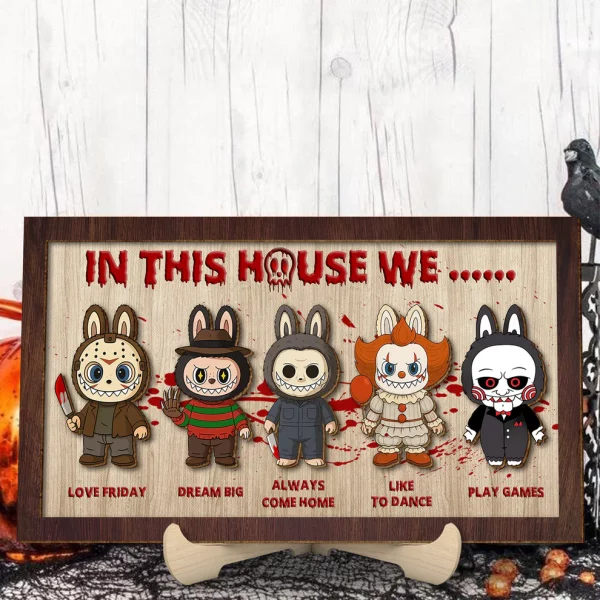 In This House We, Labubu Monster, Halloween Wood Sign, Horror Movie Characters, Halloween Decor - Image 3
