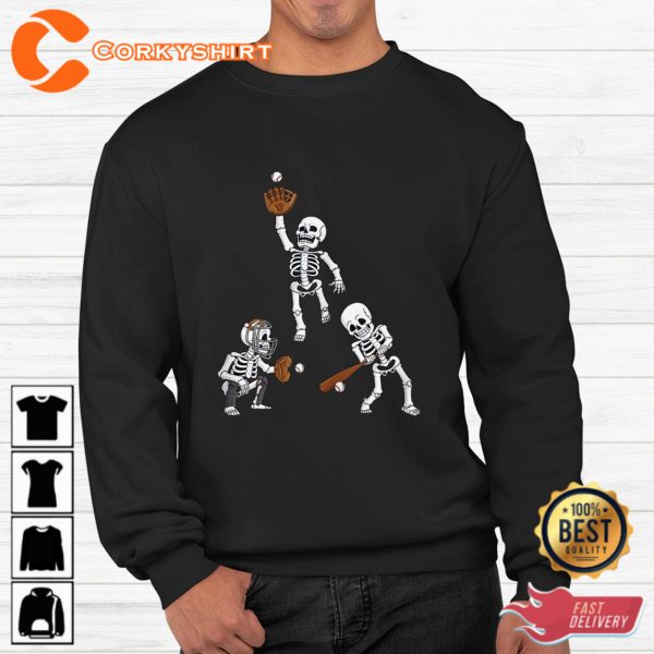 Baseball Halloween Skeletons Hitter Catcher Shirt - Image 2