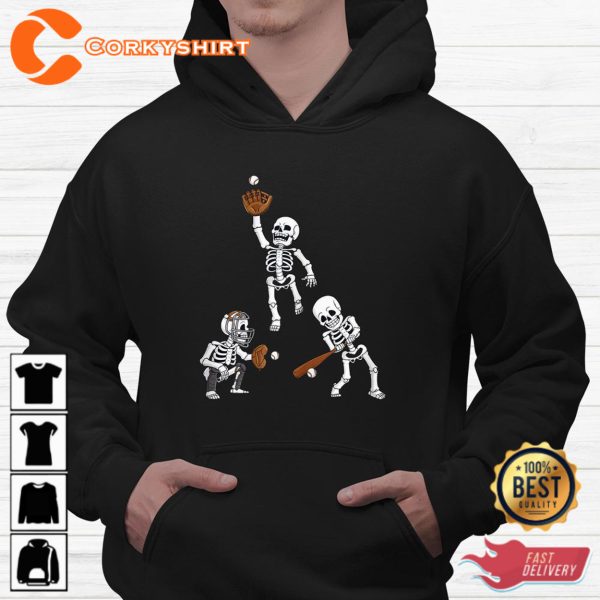 Baseball Halloween Skeletons Hitter Catcher Shirt - Image 3