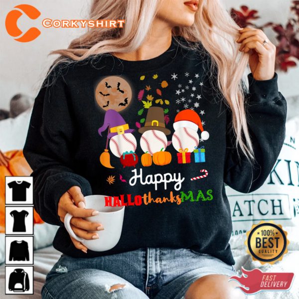 Baseball Halloween Thanksgiving Christmas Hallothanksmas Shirt