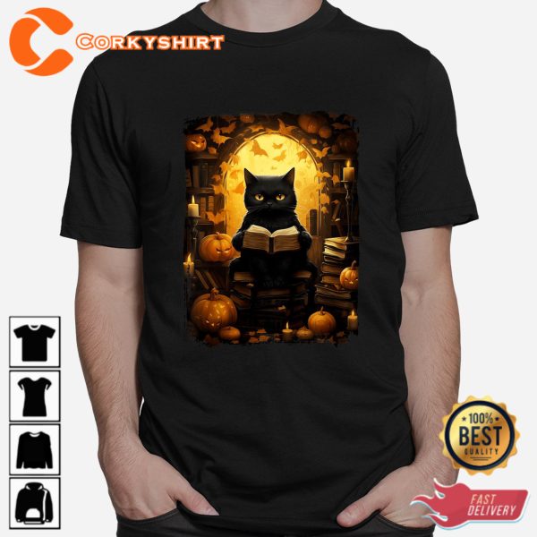 Black Cat Reading Books Pumpkin Autumn Teachers Halloween Sweatshirt - Image 2
