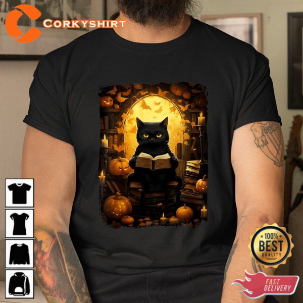 Black Cat Reading Books Pumpkin Autumn Teachers Halloween Sweatshirt - Image 3
