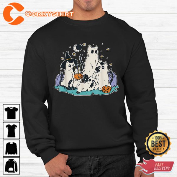 Black Cats In Ghost Halloween Sweatshirt - Image 2