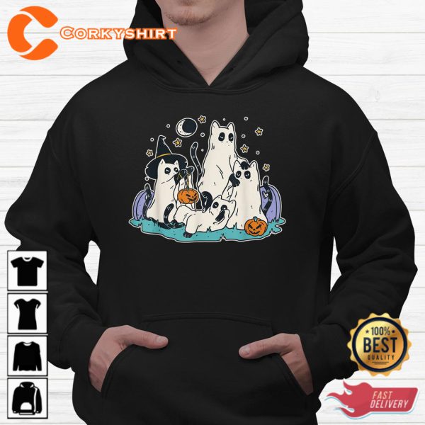 Black Cats In Ghost Halloween Sweatshirt - Image 3