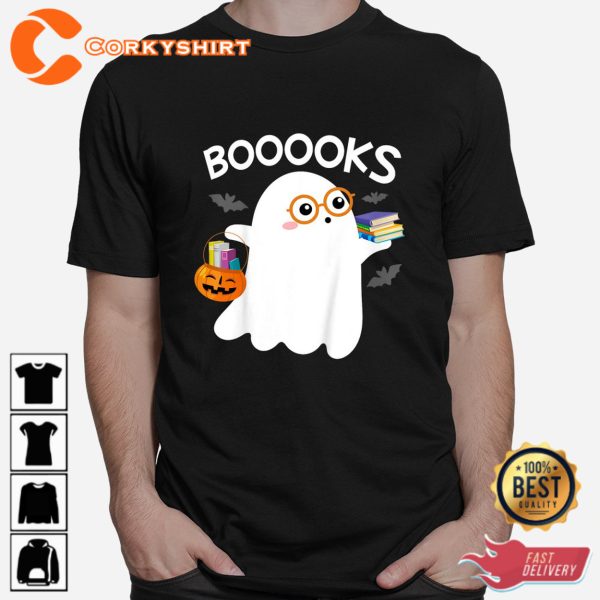 Booooks Cute Ghost Reading Library Books Halloween Sweatshirt - Image 2