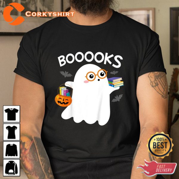 Booooks Cute Ghost Reading Library Books Halloween Sweatshirt - Image 3