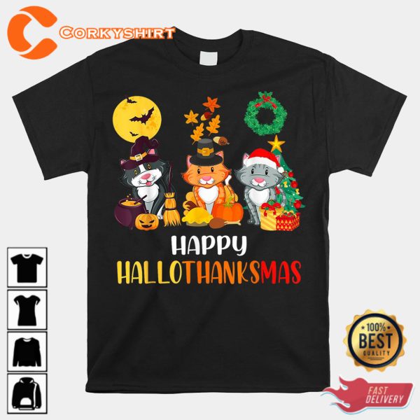 Cat Halloween Christmas Happy Hallothanksmas Thanksgiving Shirts - Image 2
