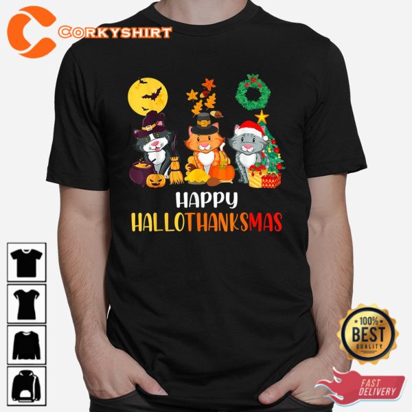 Cat Halloween Christmas Happy Hallothanksmas Thanksgiving Shirts - Image 3