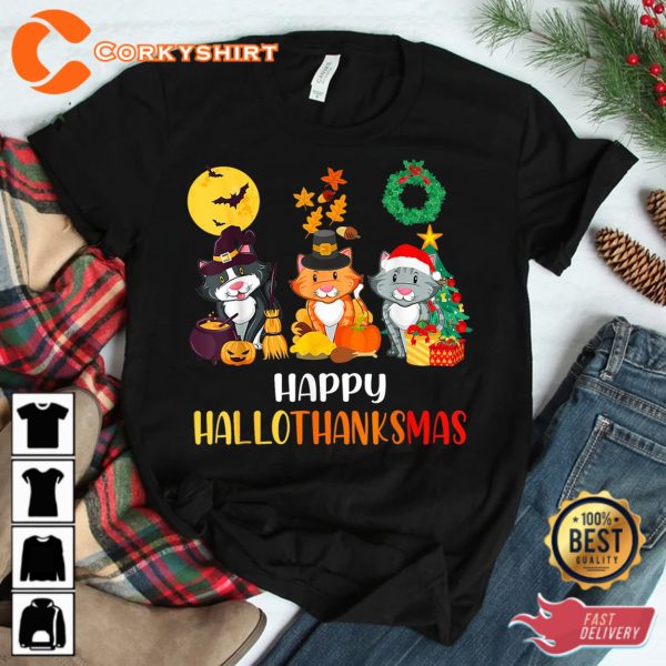 Cat Halloween Christmas Happy Hallothanksmas Thanksgiving Shirts - Image 4