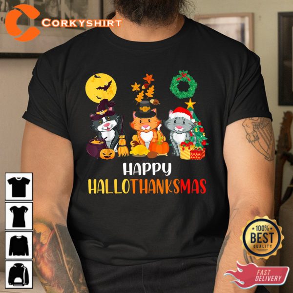 Cat Halloween Christmas Happy Hallothanksmas Thanksgiving Shirts - Image 5