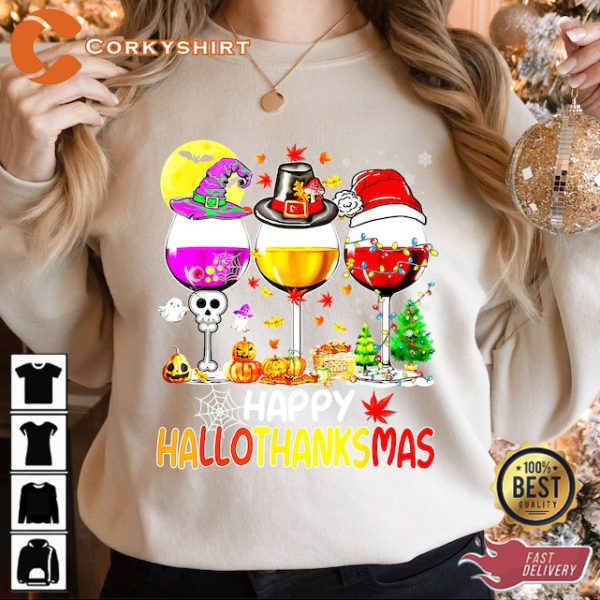 Happy Hallothanksmas Sweatshirt, Drinking Thanksgiving Gift T-shirt - Image 2