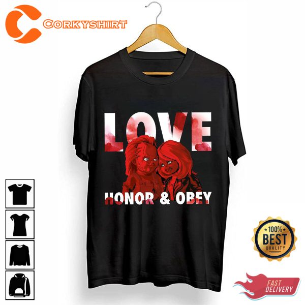 Love Honor And Obey Chucky And Tiffany Halloween Costume T-Shirt - Image 2