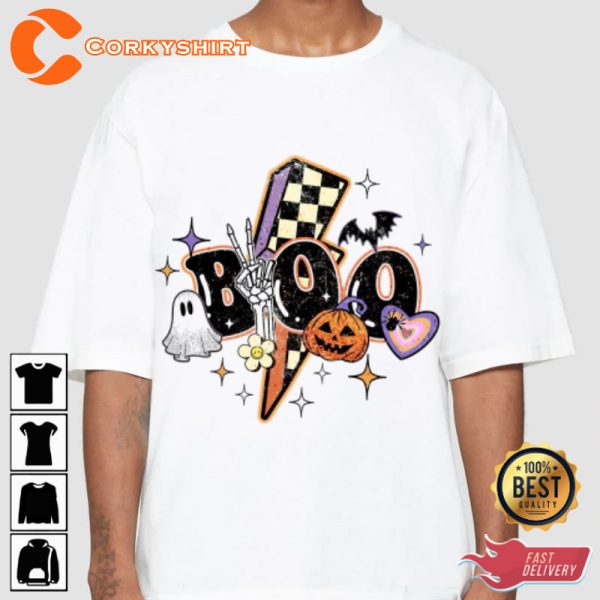 Sticker Halloween Boo Party Smily Face Pumpkin Ghost Holiday Celebrate Halloween Outfit Unisex T-Shirt