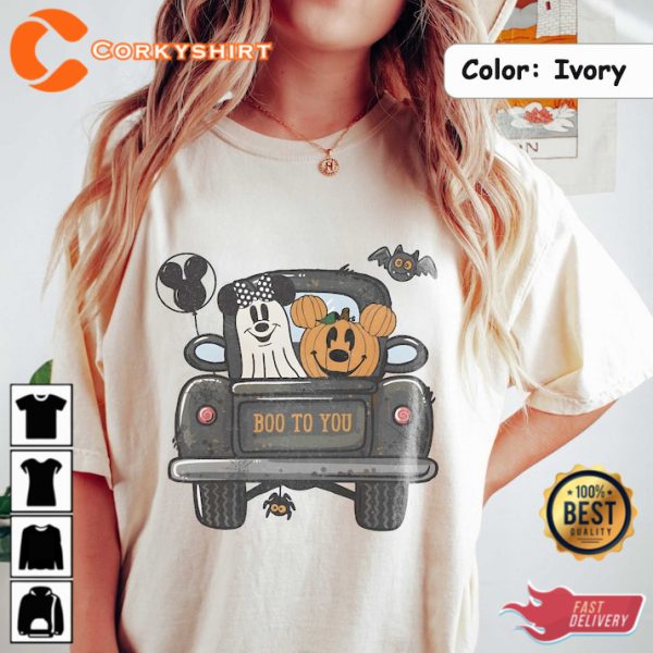 Vintage Boo To You Mickey Pumpkin Truck Minnie Ghost Halloween T-Shirt - Image 2
