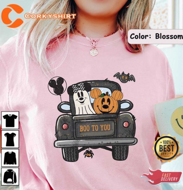 Vintage Boo To You Mickey Pumpkin Truck Minnie Ghost Halloween T-Shirt - Image 4