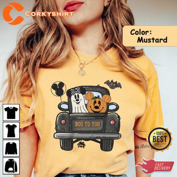Vintage Boo To You Mickey Pumpkin Truck Minnie Ghost Halloween T-Shirt - Image 5