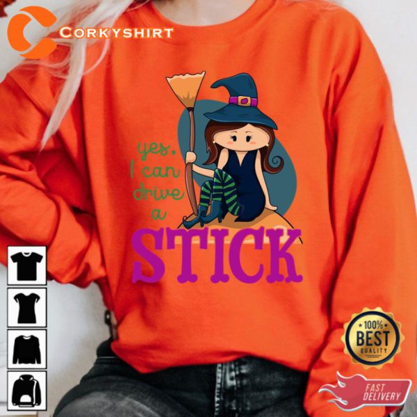 Yes I Can Drive A Stick Cute Illustrated Witch Sitting Holding A Broom Funny Halloween Sweatshirt - Image 3