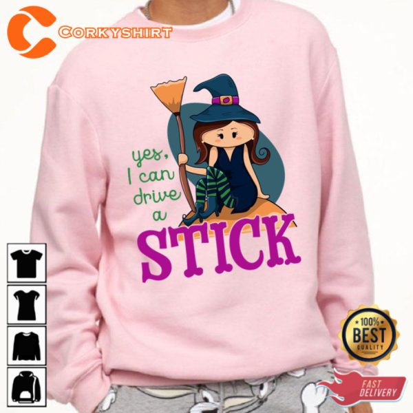 Yes I Can Drive A Stick Cute Illustrated Witch Sitting Holding A Broom Funny Halloween Sweatshirt - Image 4