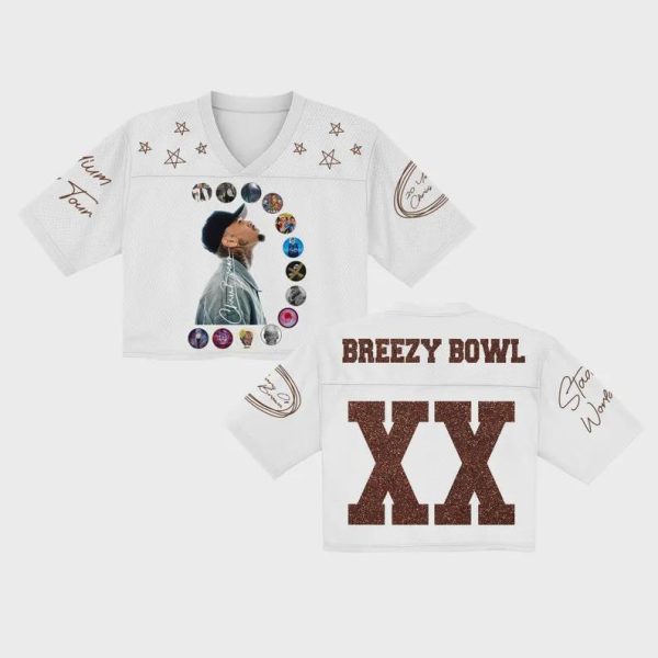 Chris Brown Celebrates 20 Years with the Breezy Bowl XX Tour 2025 White CropTop Jersey Glitter Effect
