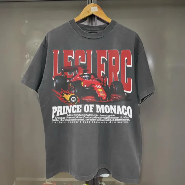 Charles Leclerc Vintage T-Shirt – Ferrari F1 Retro Shirt, Monaco GP Fan Gift, Formula 1 Leclerc 16 Tee - Image 2
