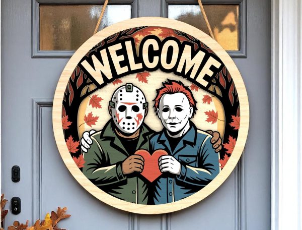 Halloween Door Hanger | Cute Horror Couple Welcome Sign | Fall Maple Leaf Decor with Heart | Funny Spooky Gift for Horror Fans - Image 3