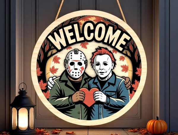 Halloween Door Hanger | Cute Horror Couple Welcome Sign | Fall Maple Leaf Decor with Heart | Funny Spooky Gift for Horror Fans - Image 2