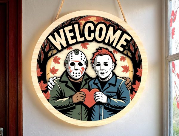 Halloween Door Hanger | Cute Horror Couple Welcome Sign | Fall Maple Leaf Decor with Heart | Funny Spooky Gift for Horror Fans - Image 4
