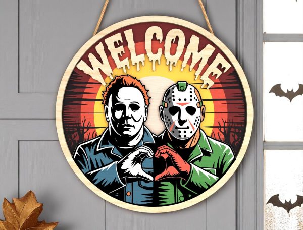 Halloween Door Hanger | Cute Horror Couple Welcome Sign | Fall Maple Leaf Decor with Heart | Funny Spooky Gift for Horror Fans