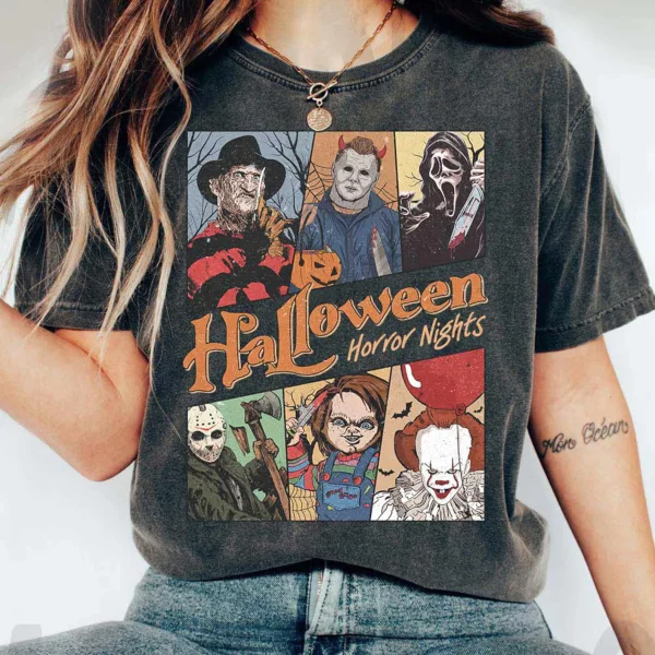 Retro Horror Characters Halloween Shirt, Horror Movie, Halloween Horror Nights 2025, Halloween Friends Group Matching, Trick or Treat Shirt