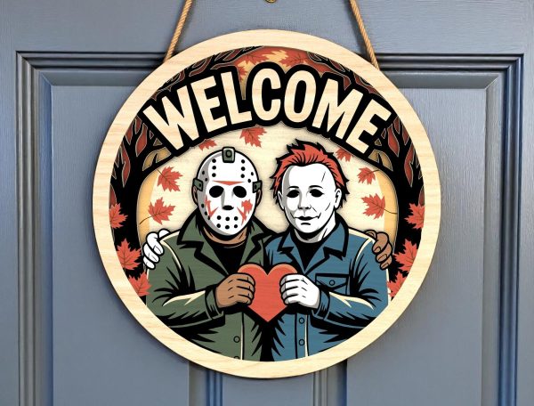 Halloween Door Hanger | Cute Horror Couple Welcome Sign | Fall Maple Leaf Decor with Heart | Funny Spooky Gift for Horror Fans - Image 5