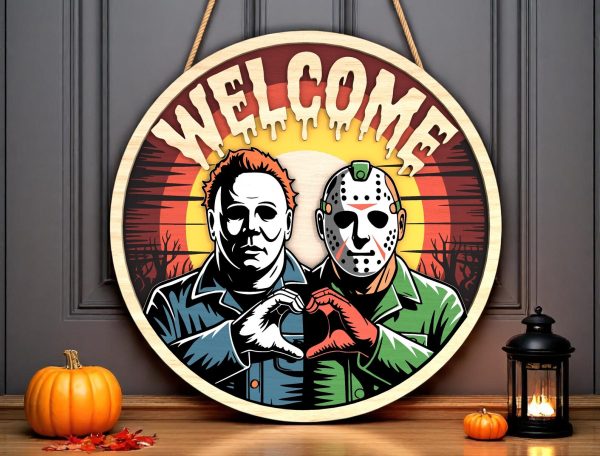 Halloween Door Hanger | Horror Couple Welcome Sign | Killer Friends Heart Hands Decor | Spooky Wall Gift for Halloween Lovers - Image 2