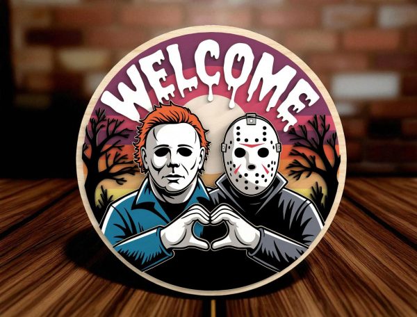 Welcome Horror Couple Sign – Layered Halloween Sign for Glowforge, Scary Cute Door Decor
