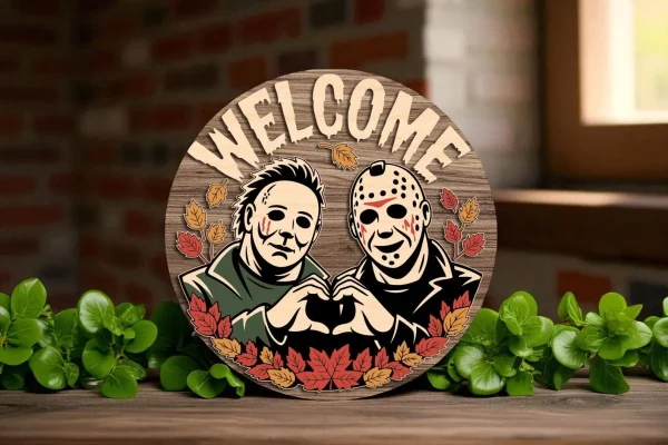 Welcome Halloween Killers Sign – Michael Myers & Jason Voorhees Funny - Image 2