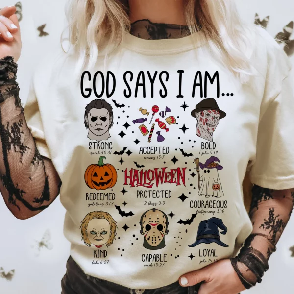 God Says I Am Halloween Horror T-Shirt, Scary Movie Fan Gift, Halloween Gifts - Image 2