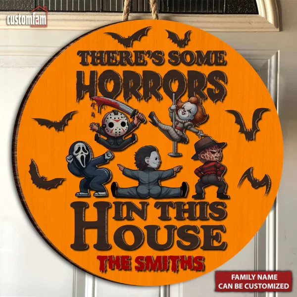 There's Some Horrors In This House Personalized 2 Layered Round Wooden Welcome Signs, Halloween Decor - Image 5