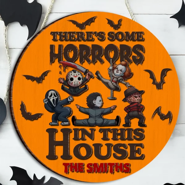 There's Some Horrors In This House Personalized 2 Layered Round Wooden Welcome Signs, Halloween Decor - Image 3