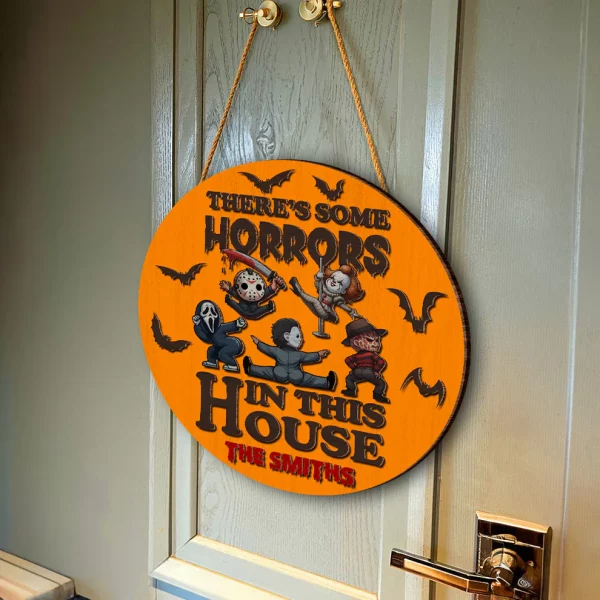 There's Some Horrors In This House Personalized 2 Layered Round Wooden Welcome Signs, Halloween Decor - Image 2