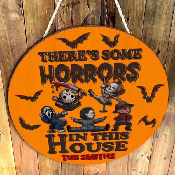 There's Some Horrors In This House Personalized 2 Layered Round Wooden Welcome Signs, Halloween Decor - Image 4