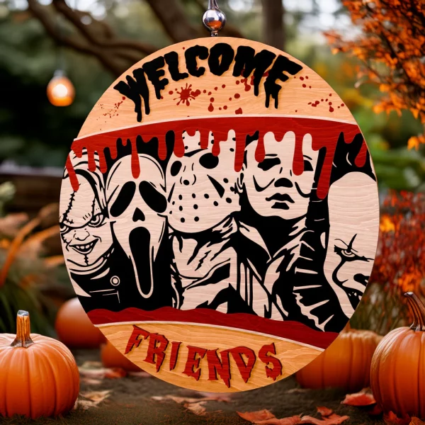 Friends Welcome Horror Wood Sign, Halloween Door Decor, Scary Movie, Michael Myers, Chucky - Image 2