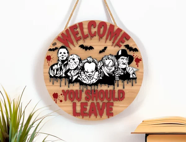 You Should Leave, Wooden Halloween Signs, Halloween Front Door Decor, Horror Fan Gifts, Michael Myers, Chucky - Image 11