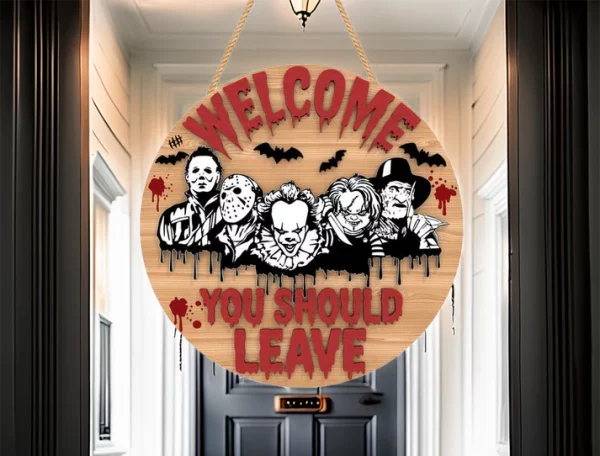 You Should Leave, Wooden Halloween Signs, Halloween Front Door Decor, Horror Fan Gifts, Michael Myers, Chucky - Image 3