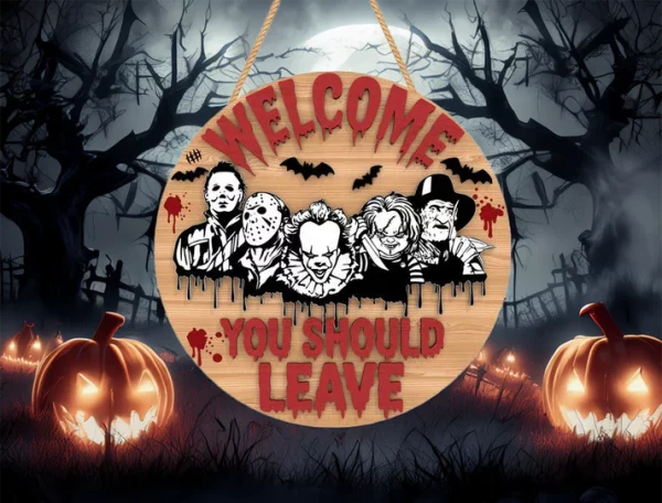 You Should Leave, Wooden Halloween Signs, Halloween Front Door Decor, Horror Fan Gifts, Michael Myers, Chucky