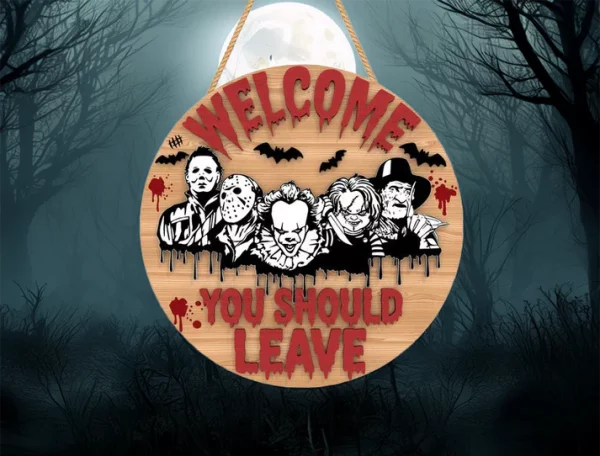 You Should Leave, Wooden Halloween Signs, Halloween Front Door Decor, Horror Fan Gifts, Michael Myers, Chucky - Image 2